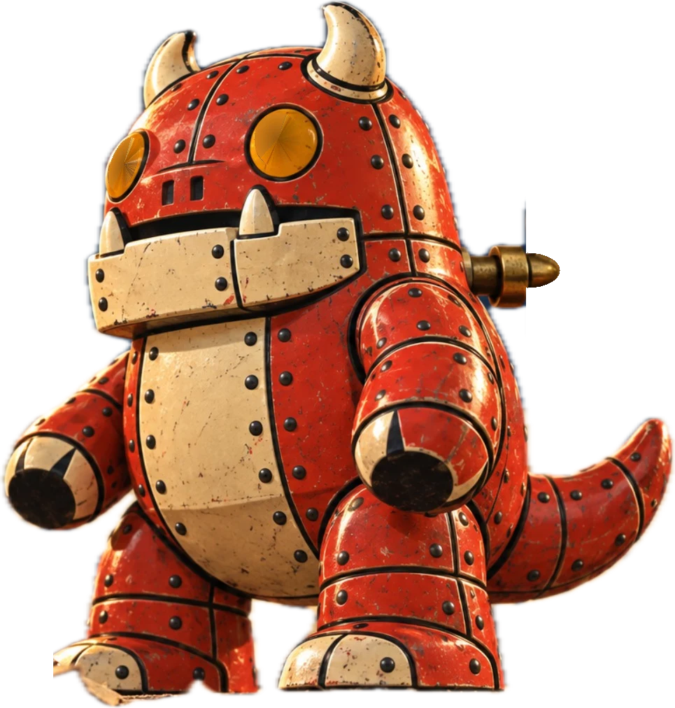 The Tin Kaiju mascot: a small red riveted tin wind-up monster with two horns, amber eyes and a brass key in its back.